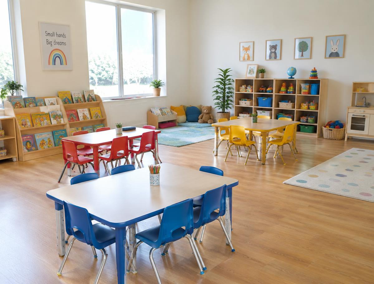 Espaço infantil vazio, com mesinhas, cadeiras e livros